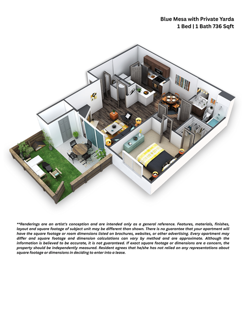 Floor plan for 1 bed, 1 bath, 736 sqft